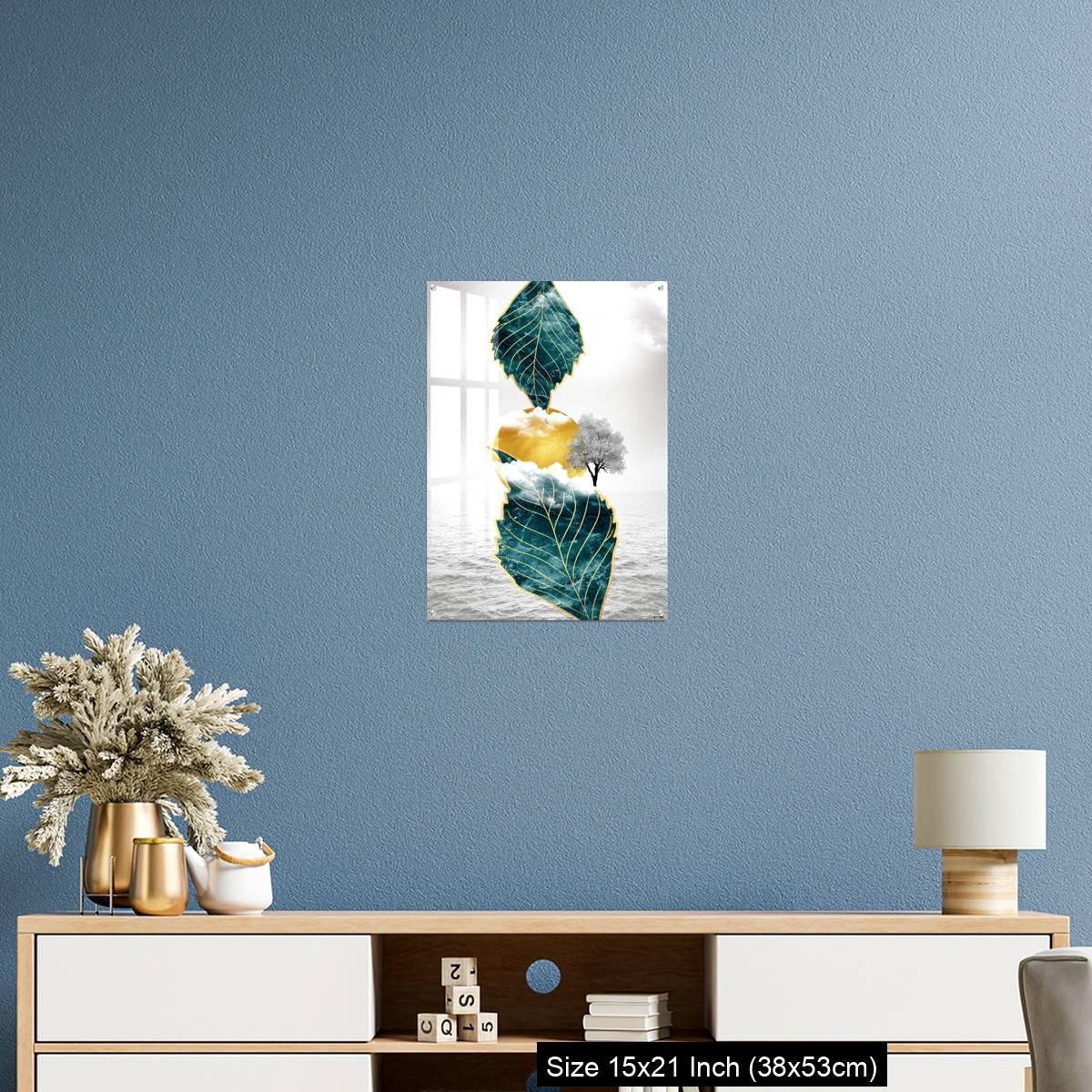 OMGs Acrylic Wall Decor – Light gray background golden sun and clouds, tree leaf and water - Image 17