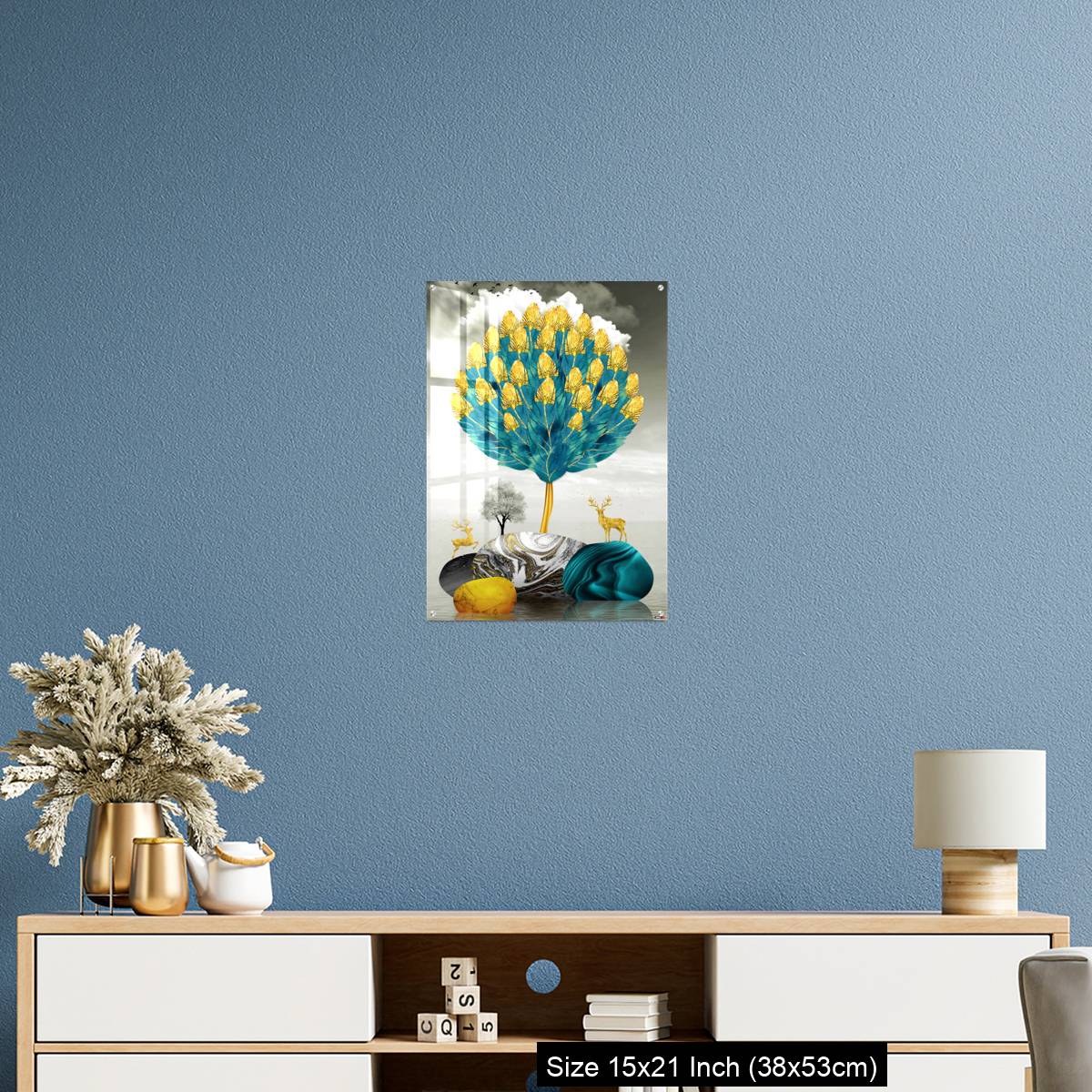 OMGs Acrylic Wall Decor – Ginko biloba leaves golden tree, deer, gray mountain, stone sun, and clouds - Image 17