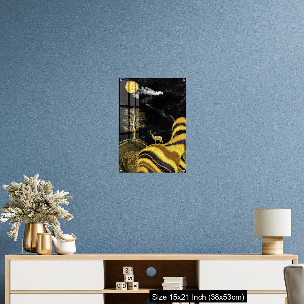 OMGs Acrylic Wall Decor – Moon and golden tree and curvy mountains, and white clouds. wall poster frame. - Image 17