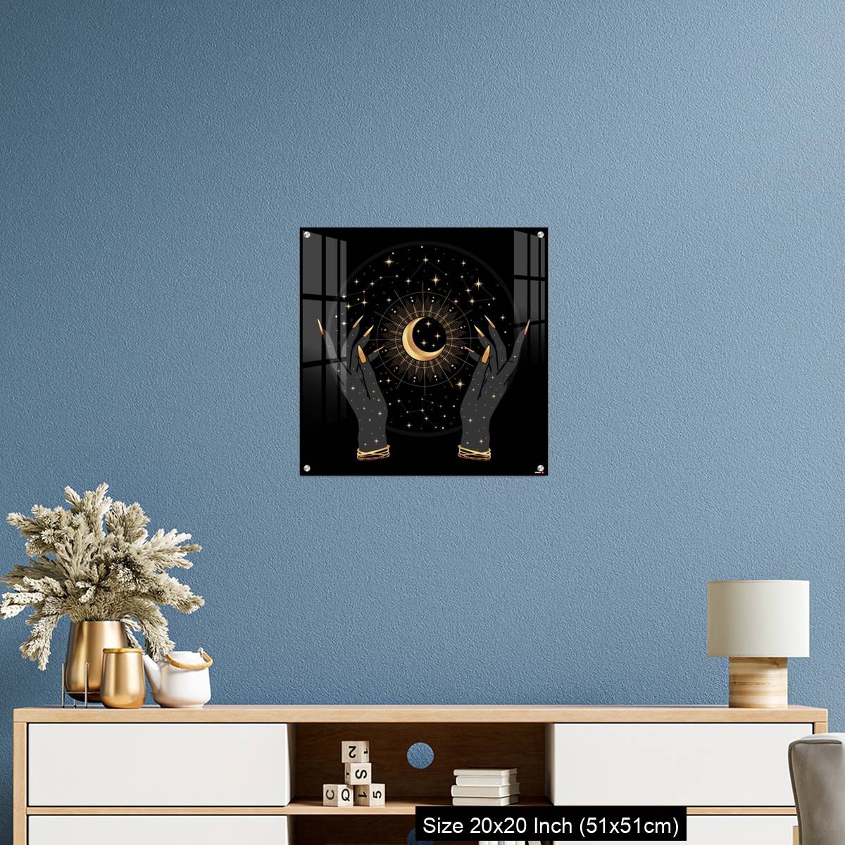 OMGs Acrylic Wall Decor – Black and gold boho crescent and elegant female hands. - Image 17