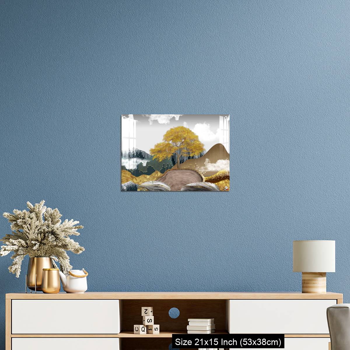 OMGs Acrylic Wall Decor – Gray background with golden trees, deer, mountains, and white clouds. golden, black, turquoise stone in water. - Image 17