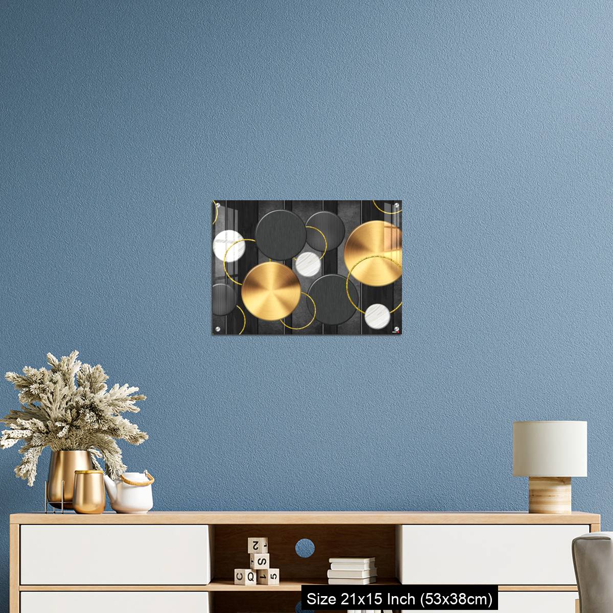 OMGs Acrylic Wall Decor – White and golden circles in dark gray  background decorative wall art. - Image 17