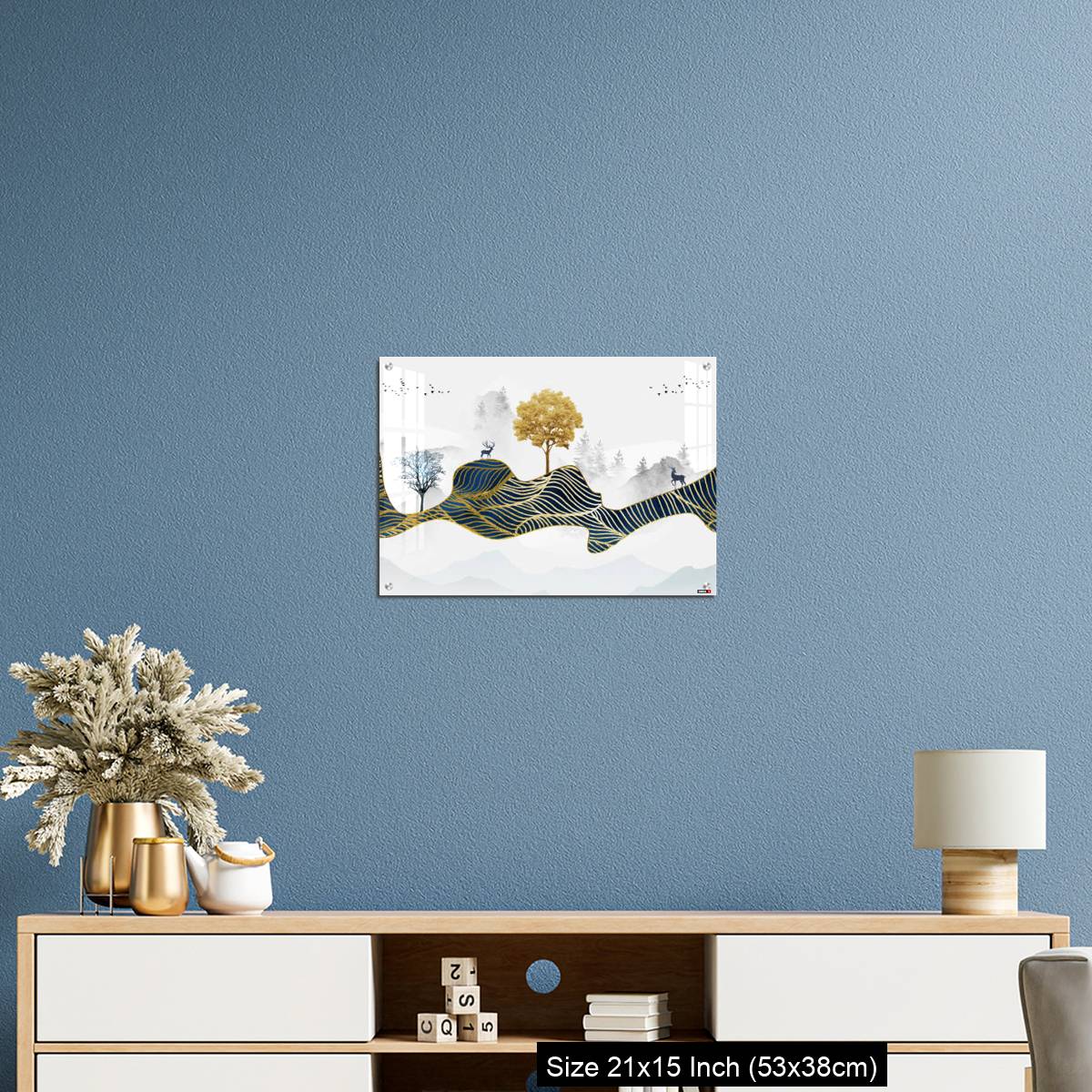 OMGs Acrylic Wall Decor – Deer, Christmas trees, mountains, clouds, and golden blue waves. 3d modern canvas art mural - Image 17