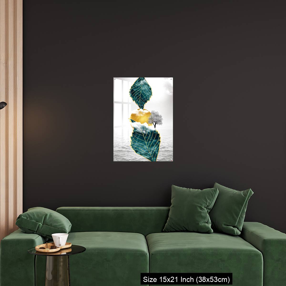 OMGs Acrylic Wall Decor – Light gray background golden sun and clouds, tree leaf and water - Image 18