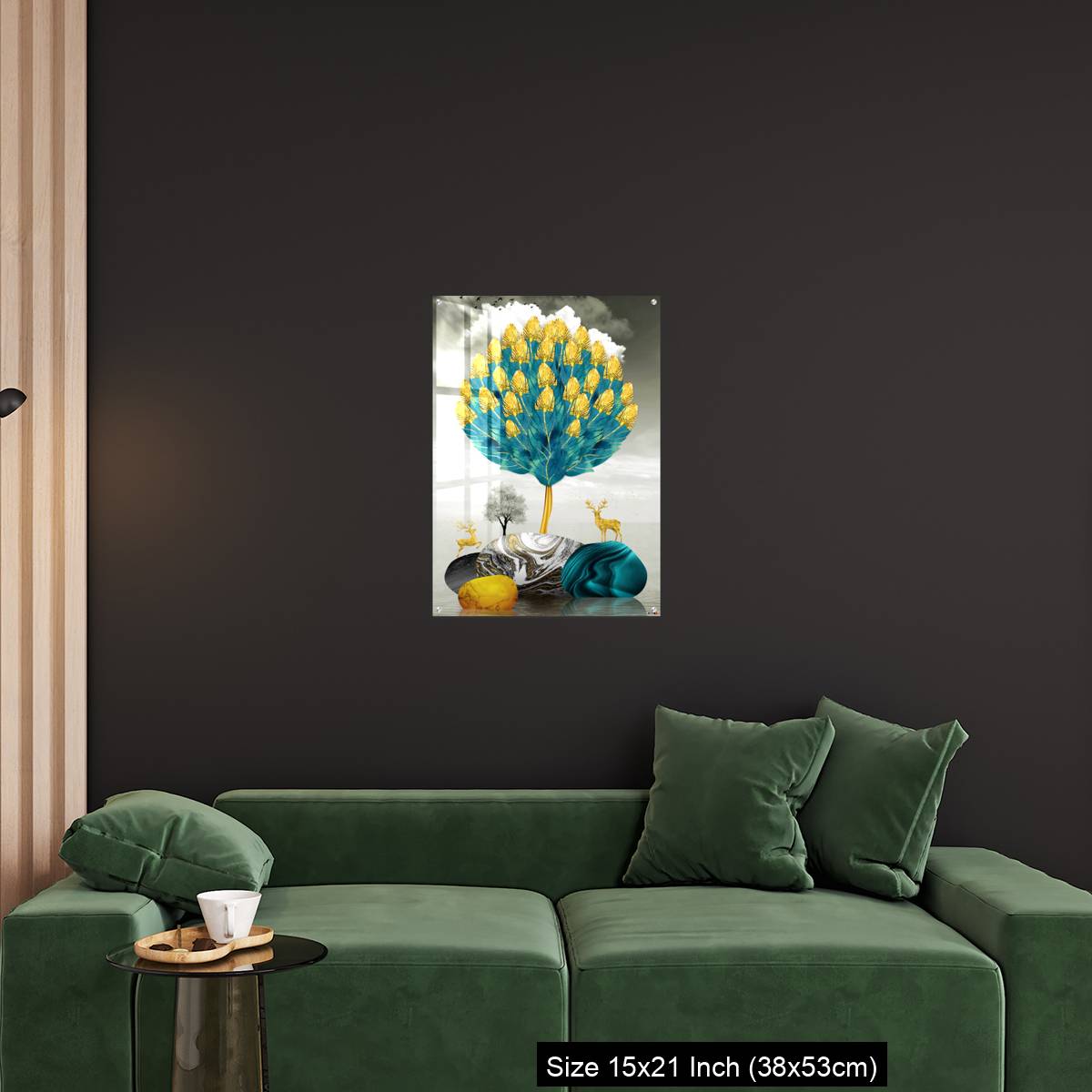 OMGs Acrylic Wall Decor – Ginko biloba leaves golden tree, deer, gray mountain, stone sun, and clouds - Image 18