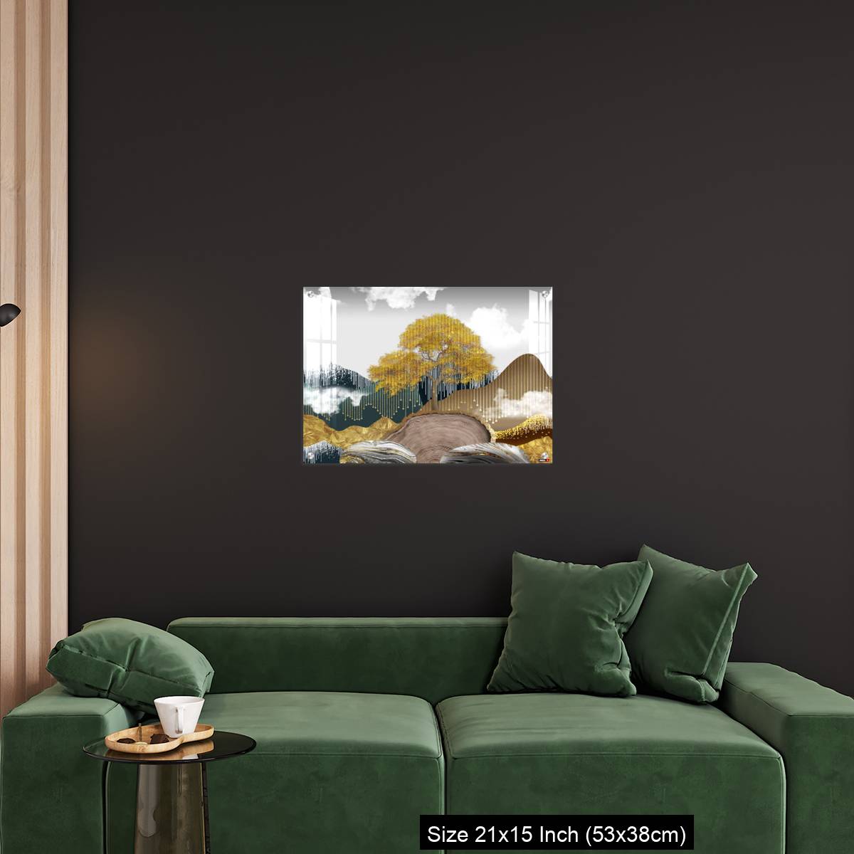 OMGs Acrylic Wall Decor – Gray background with golden trees, deer, mountains, and white clouds. golden, black, turquoise stone in water. - Image 18