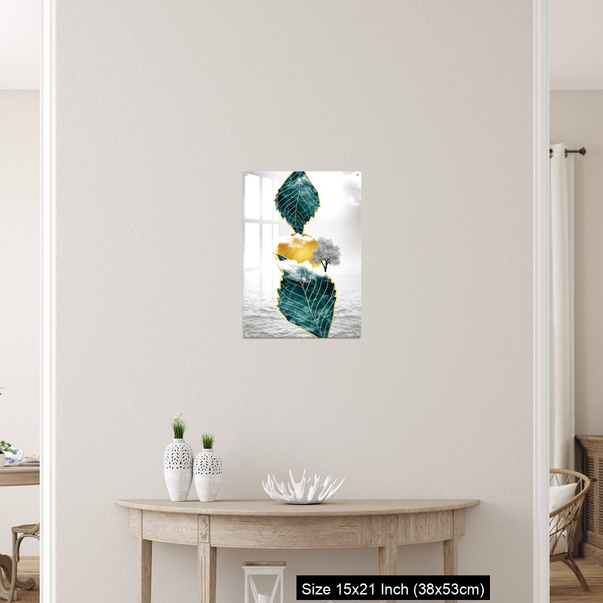 OMGs Acrylic Wall Decor – Light gray background golden sun and clouds, tree leaf and water - Image 19