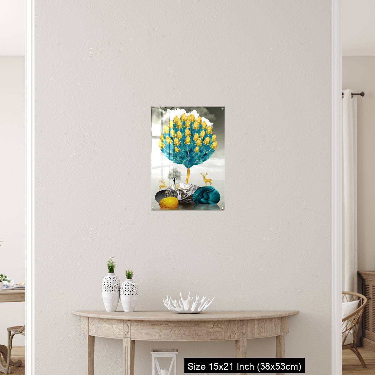 OMGs Acrylic Wall Decor – Ginko biloba leaves golden tree, deer, gray mountain, stone sun, and clouds - Image 19