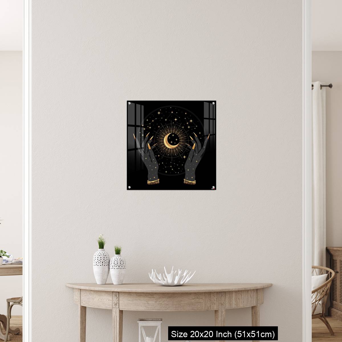 OMGs Acrylic Wall Decor – Black and gold boho crescent and elegant female hands. - Image 19