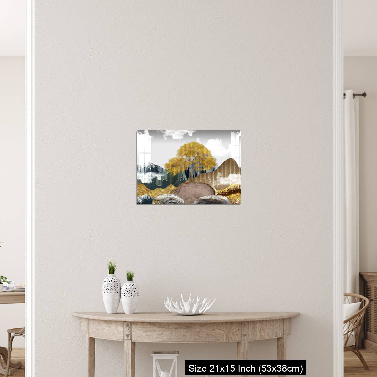 OMGs Acrylic Wall Decor – Gray background with golden trees, deer, mountains, and white clouds. golden, black, turquoise stone in water. - Image 19