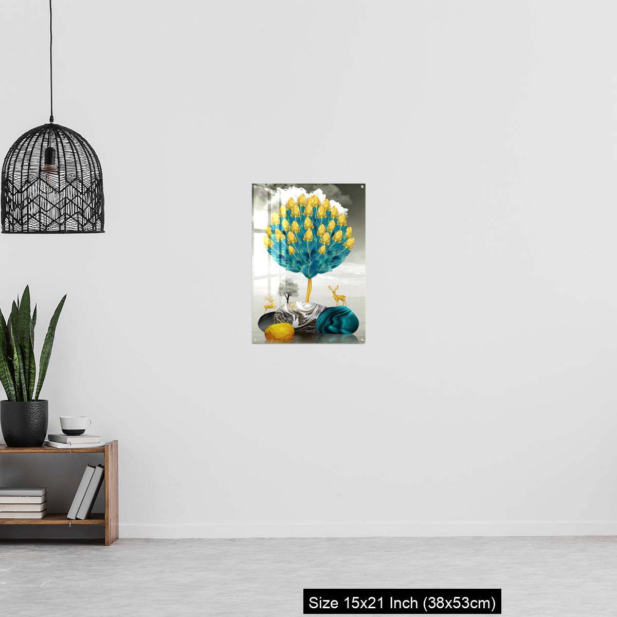 OMGs Acrylic Wall Decor – Ginko biloba leaves golden tree, deer, gray mountain, stone sun, and clouds - Image 20