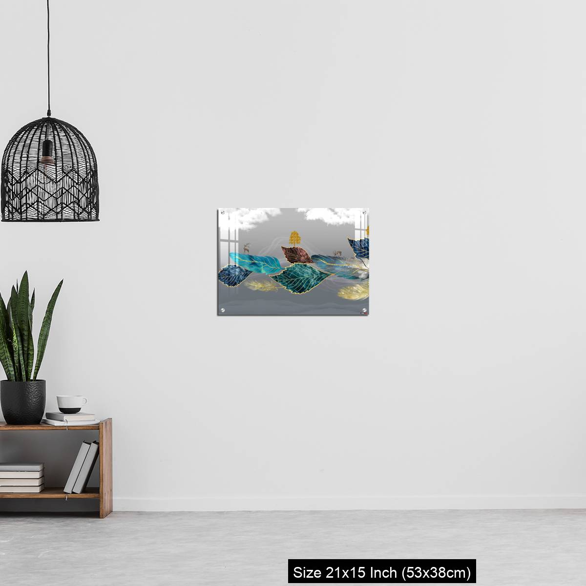 OMGs Acrylic Wall Decor – Blue, turquoise, and red leaves, white clouds and feathers in gray background - Image 20