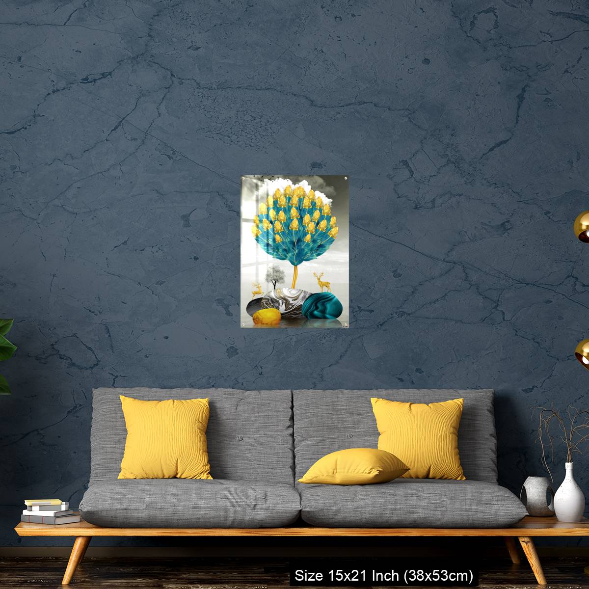 OMGs Acrylic Wall Decor – Ginko biloba leaves golden tree, deer, gray mountain, stone sun, and clouds - Image 21