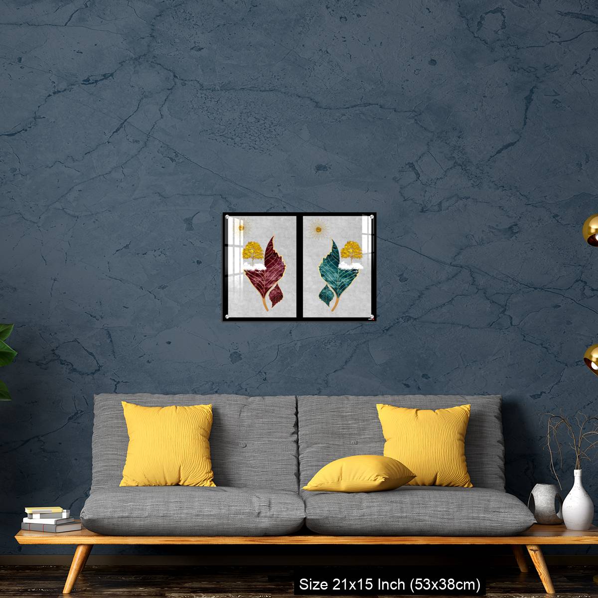 OMGs Acrylic Wall Decor – Chinese landscape gray background golden sun tree leaf and white clouds. - Image 21