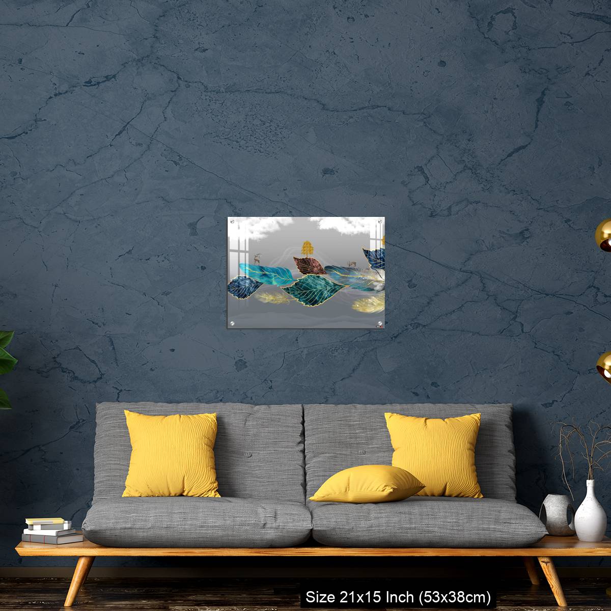 OMGs Acrylic Wall Decor – Blue, turquoise, and red leaves, white clouds and feathers in gray background - Image 21