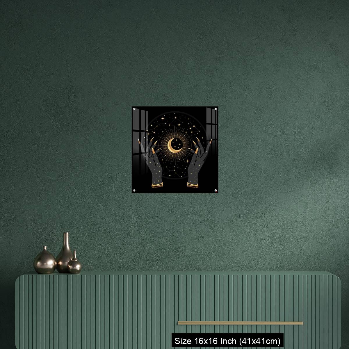 OMGs Acrylic Wall Decor – Black and gold boho crescent and elegant female hands. - Image 23