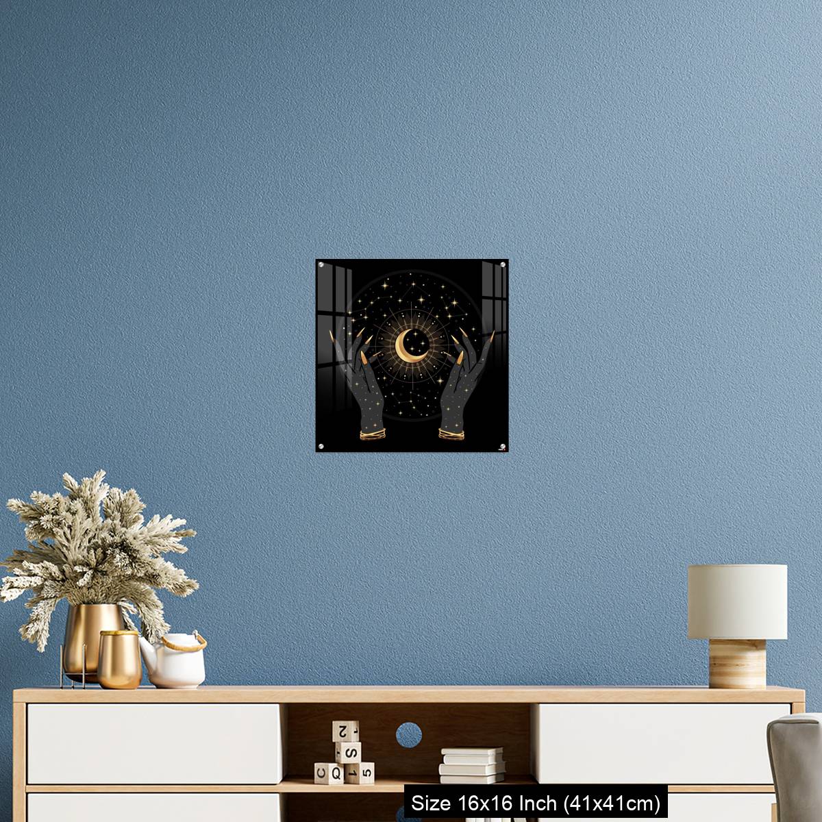 OMGs Acrylic Wall Decor – Black and gold boho crescent and elegant female hands. - Image 24