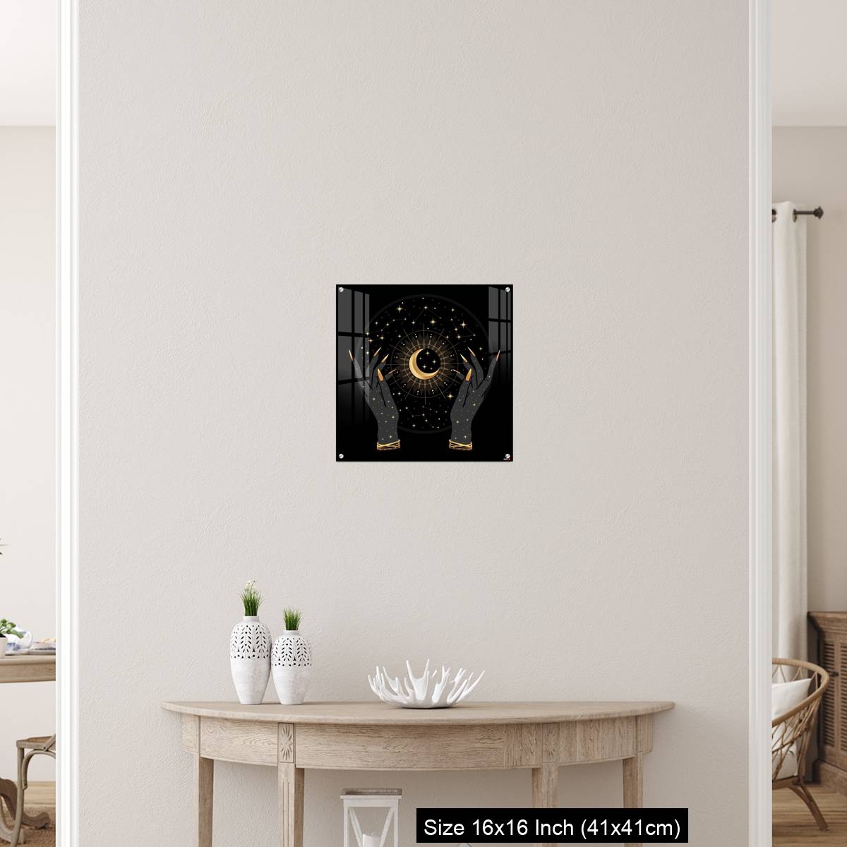 OMGs Acrylic Wall Decor – Black and gold boho crescent and elegant female hands. - Image 26