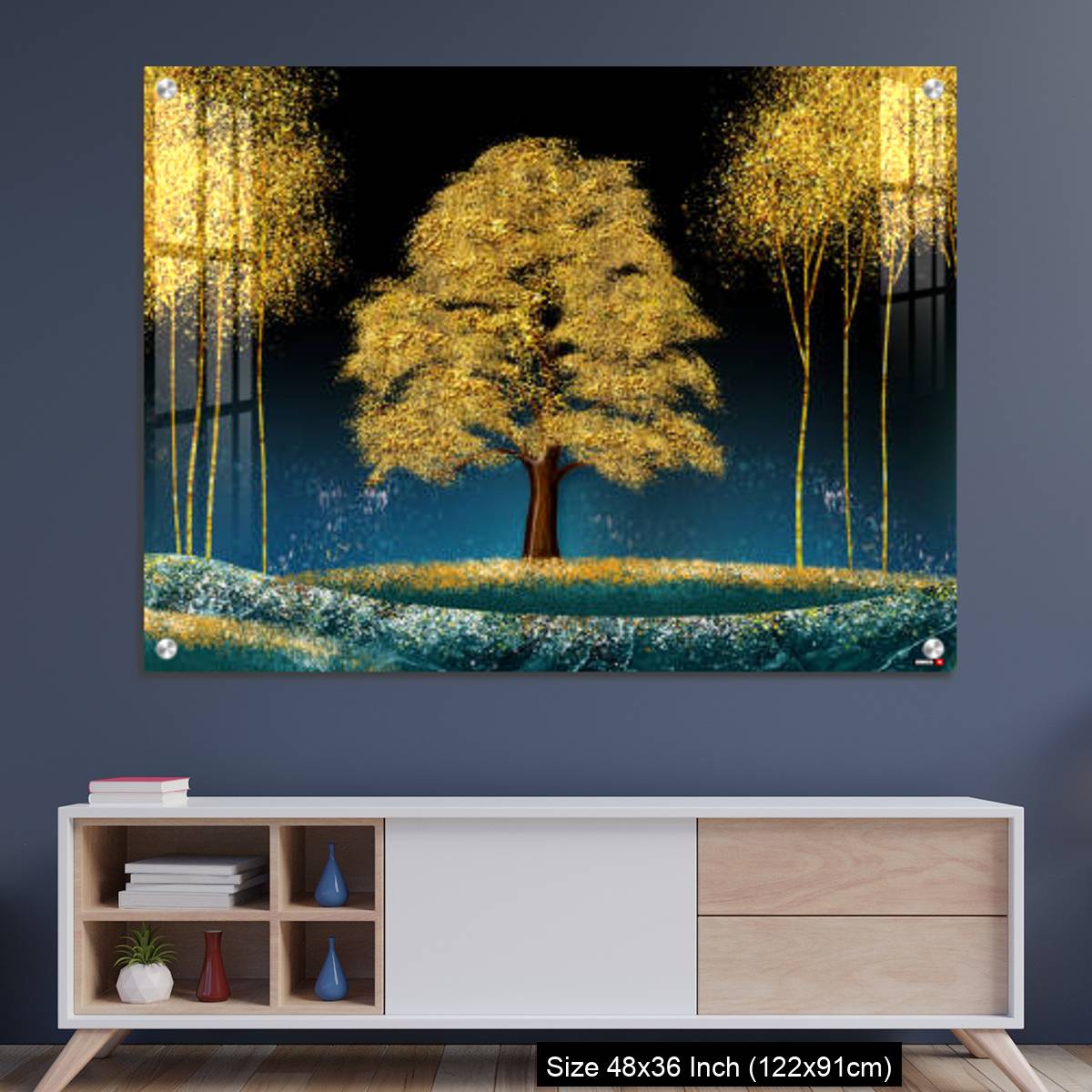 OMGs Acrylic Wall Decor – Modern canvas art mural wallpaper landscape moon, golden christmas trees, colorful mountains