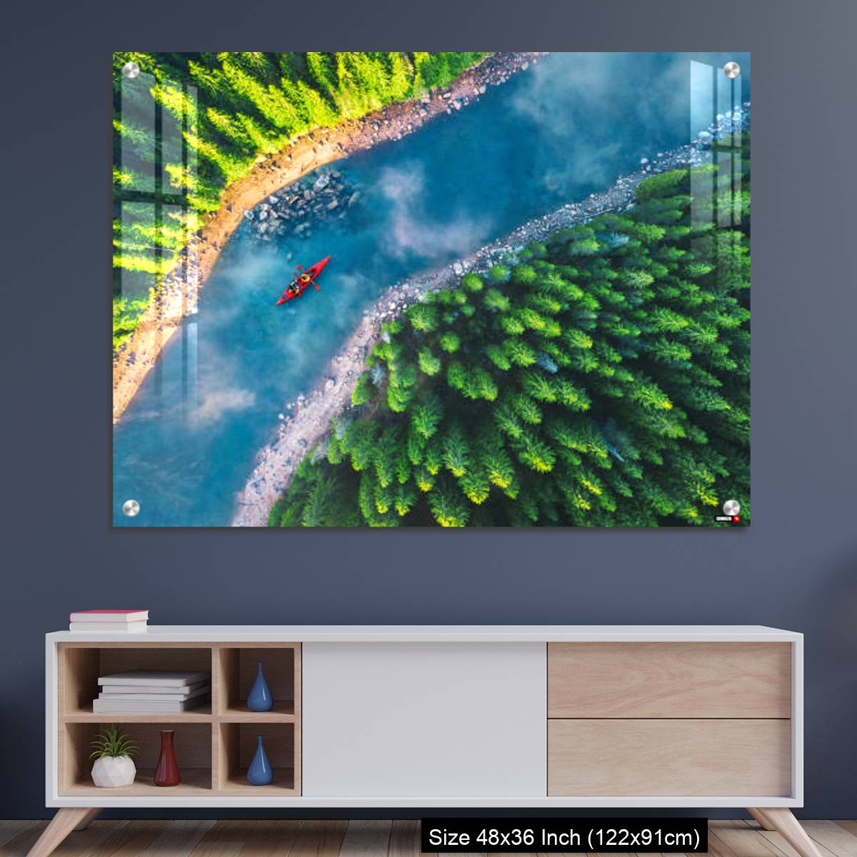 OMGs Acrylic Wall Decor – Aerial view of rafting boat or canoe in mountain river and forest.
