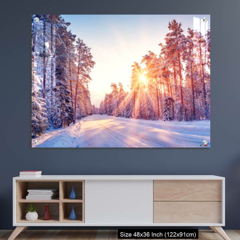 OMGs Acrylic Wall Decor – Beautiful view of the sunrise in the morning on the country snowy road.