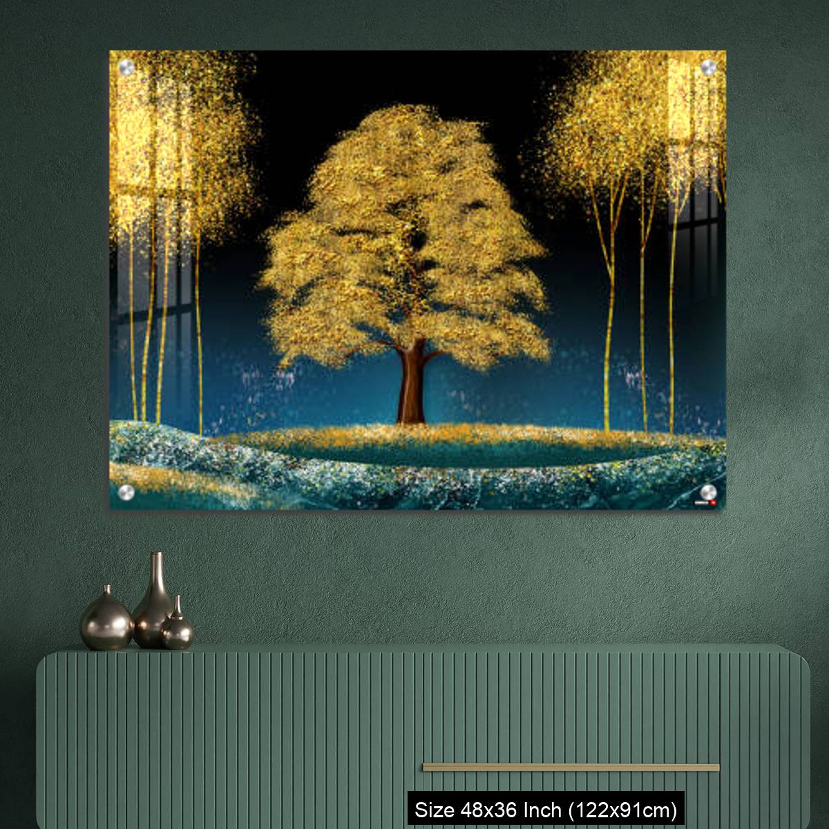 OMGs Acrylic Wall Decor – Modern canvas art mural wallpaper landscape moon, golden christmas trees, colorful mountains - Image 2