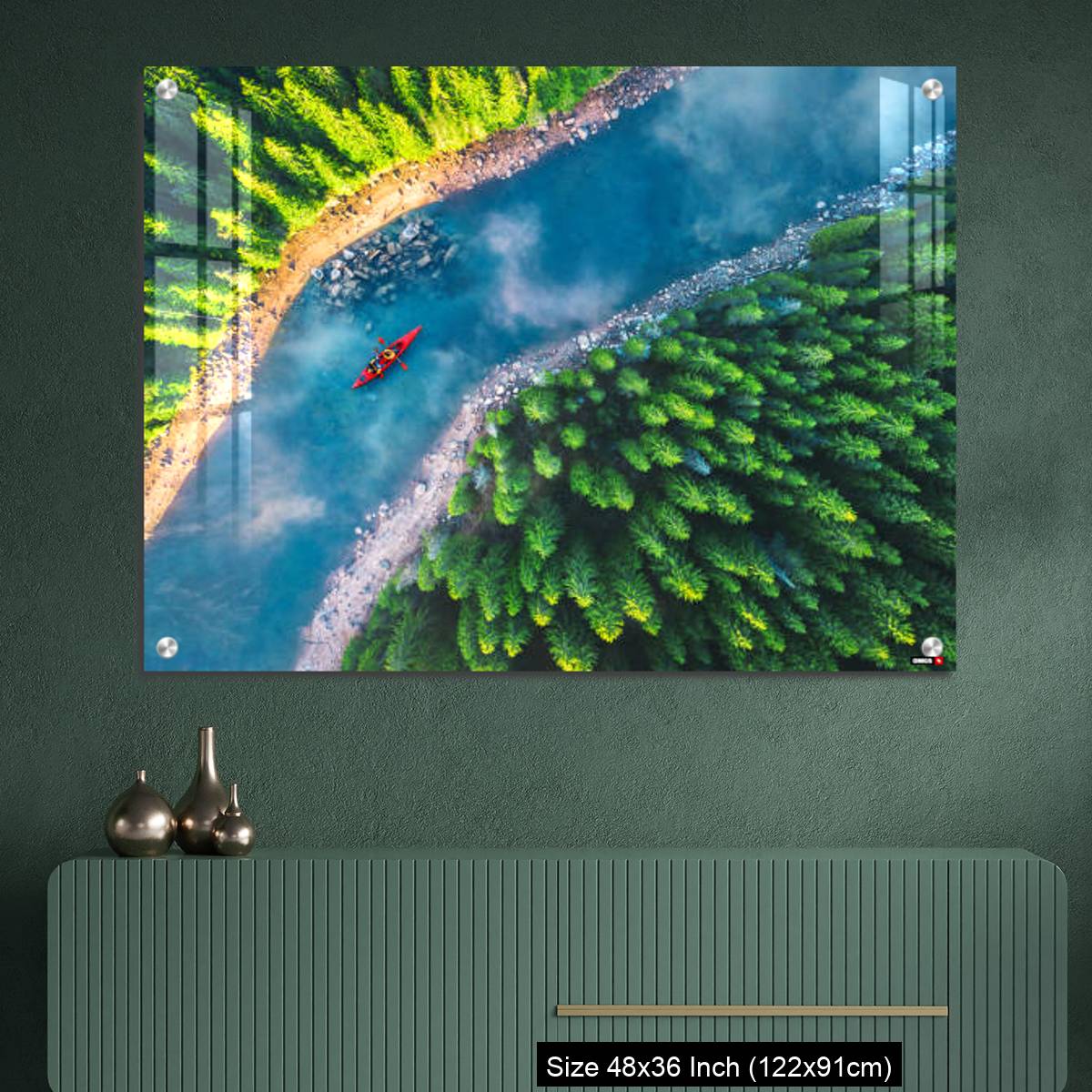 OMGs Acrylic Wall Decor – Aerial view of rafting boat or canoe in mountain river and forest. - Image 2