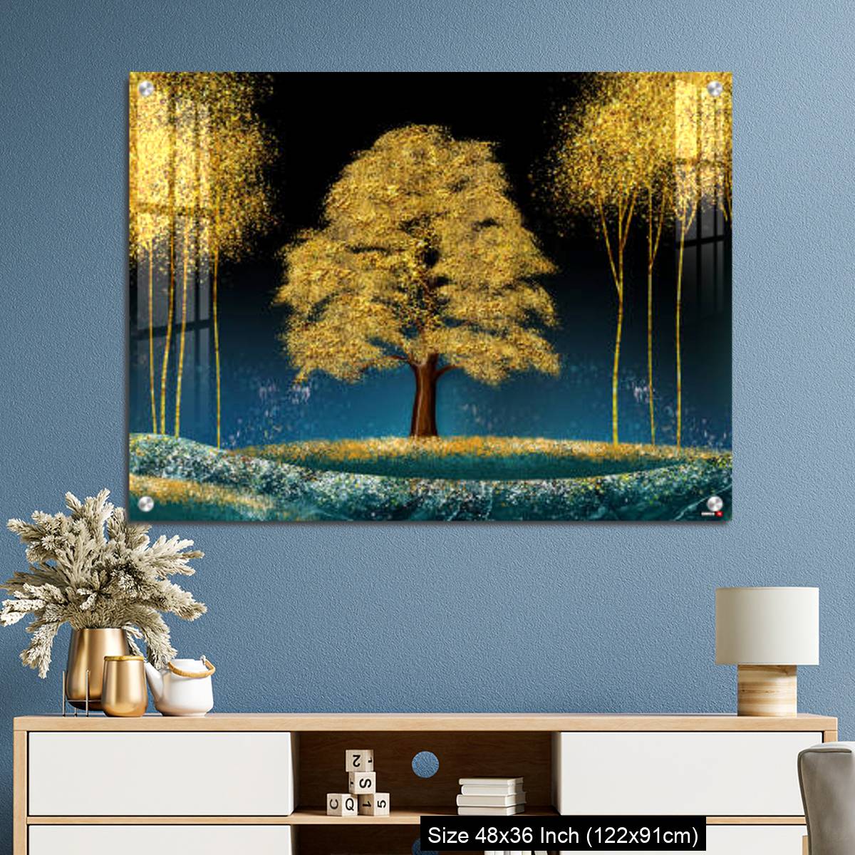 OMGs Acrylic Wall Decor – Modern canvas art mural wallpaper landscape moon, golden christmas trees, colorful mountains - Image 3