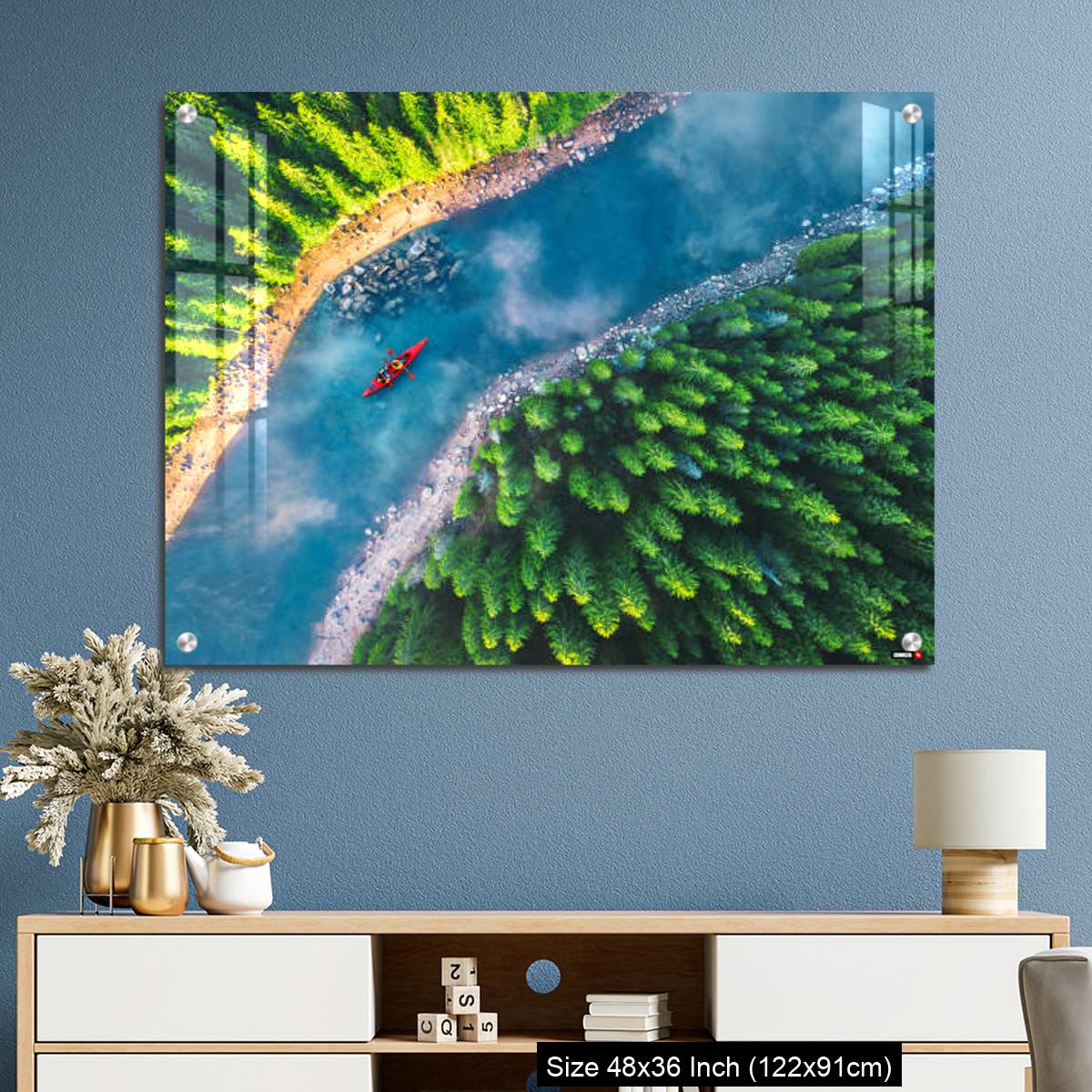 OMGs Acrylic Wall Decor – Aerial view of rafting boat or canoe in mountain river and forest. - Image 3