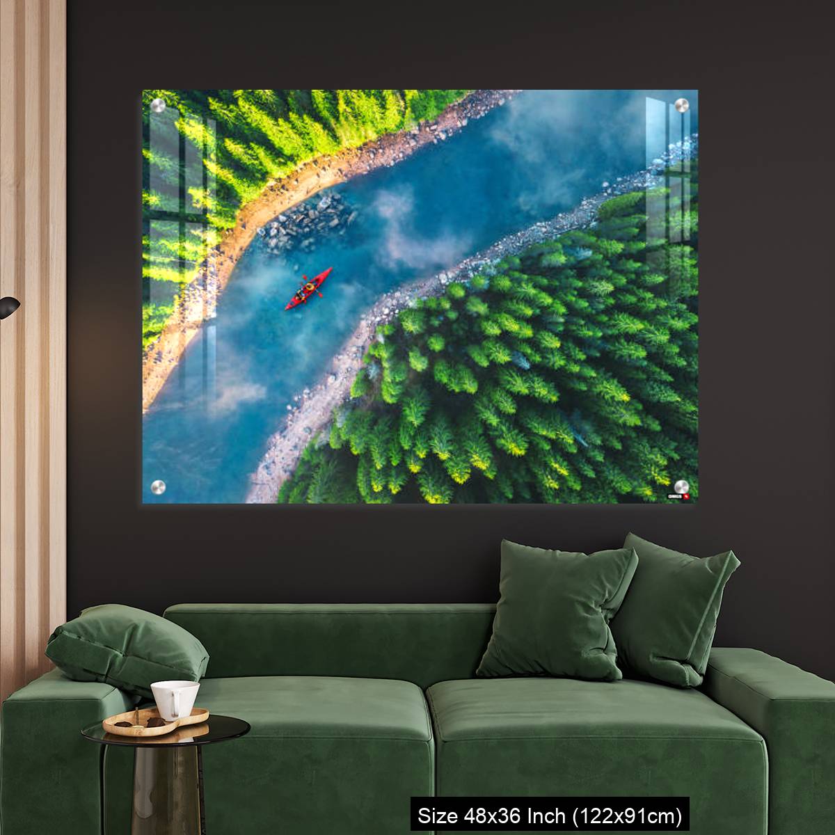 OMGs Acrylic Wall Decor – Aerial view of rafting boat or canoe in mountain river and forest. - Image 4