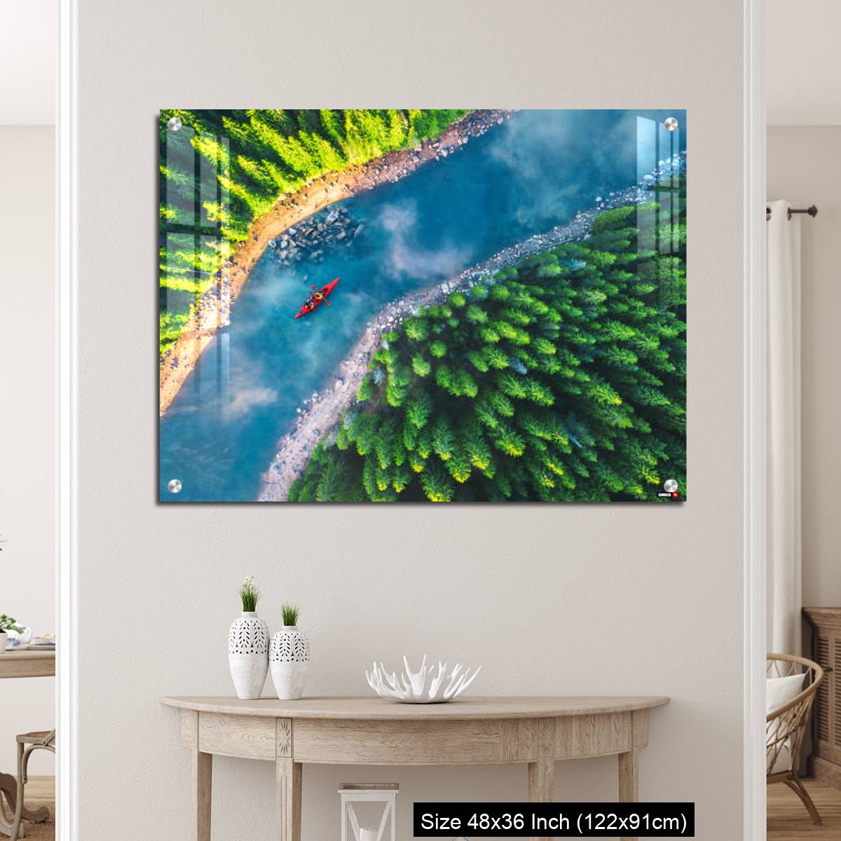 OMGs Acrylic Wall Decor – Aerial view of rafting boat or canoe in mountain river and forest. - Image 5