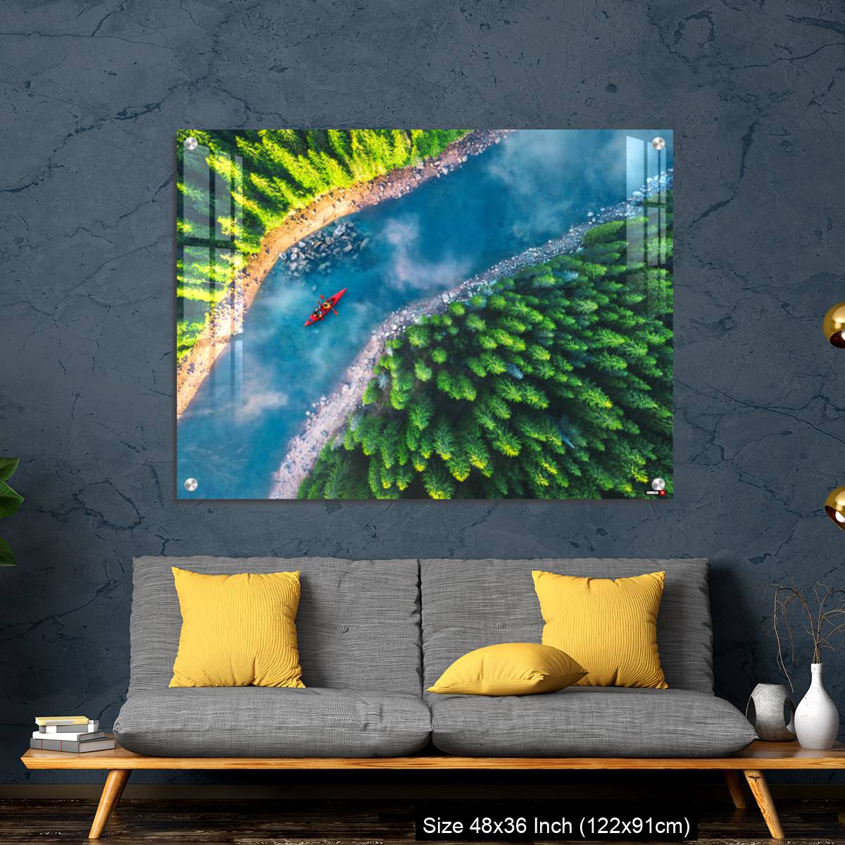 OMGs Acrylic Wall Decor – Aerial view of rafting boat or canoe in mountain river and forest. - Image 7