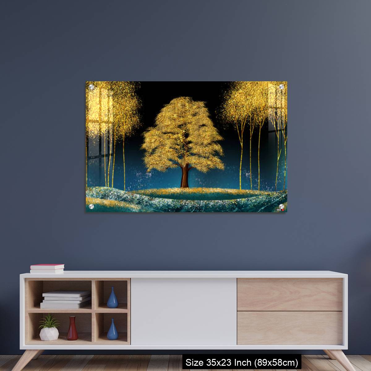 OMGs Acrylic Wall Decor – Modern canvas art mural wallpaper landscape moon, golden christmas trees, colorful mountains - Image 8