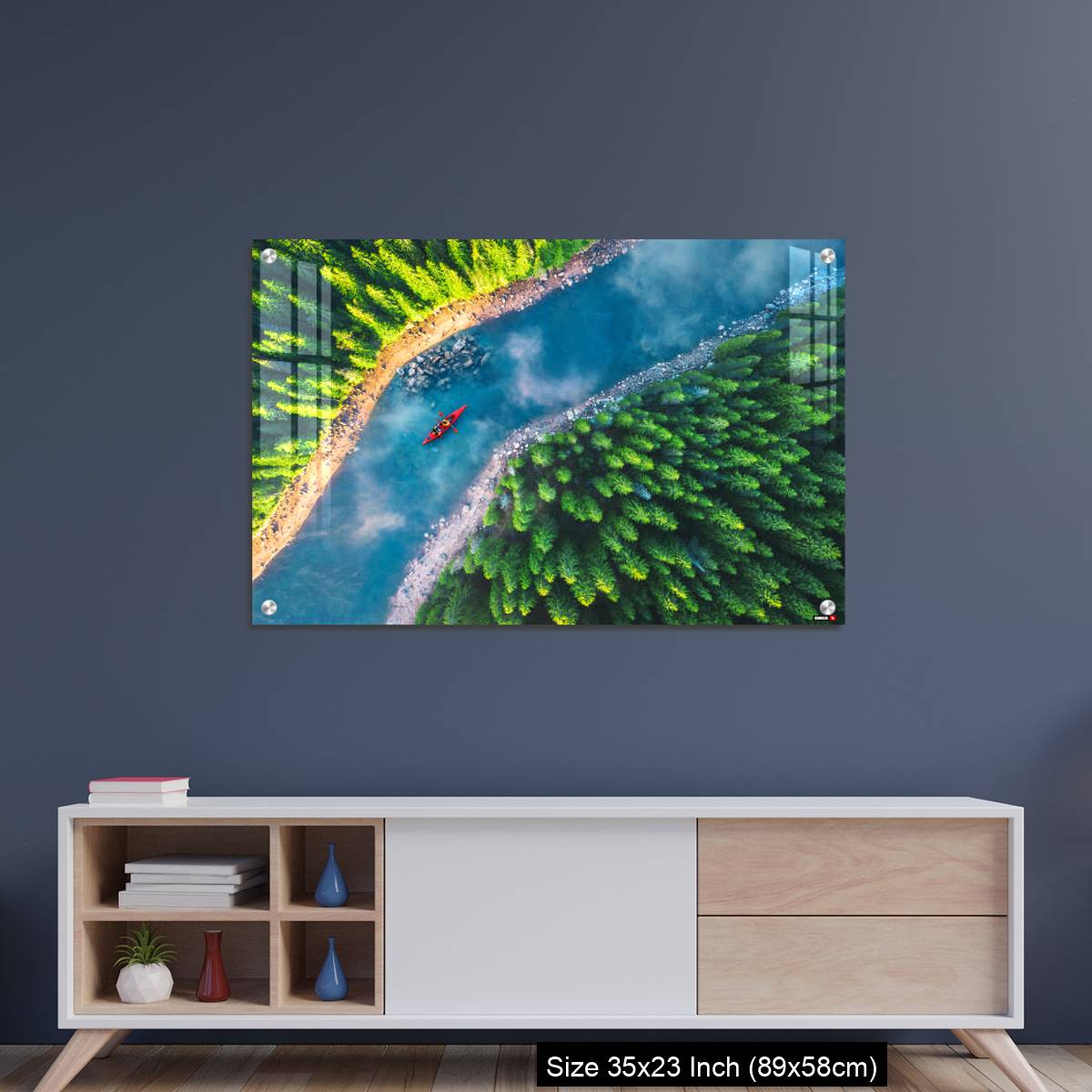 OMGs Acrylic Wall Decor – Aerial view of rafting boat or canoe in mountain river and forest. - Image 8