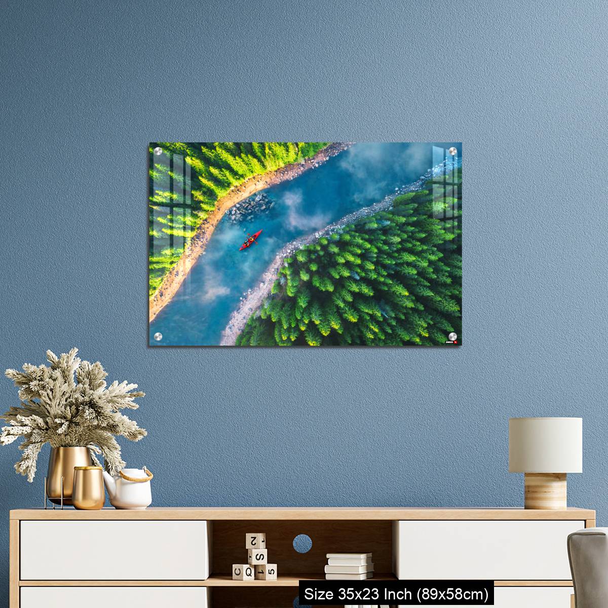 OMGs Acrylic Wall Decor – Aerial view of rafting boat or canoe in mountain river and forest. - Image 10