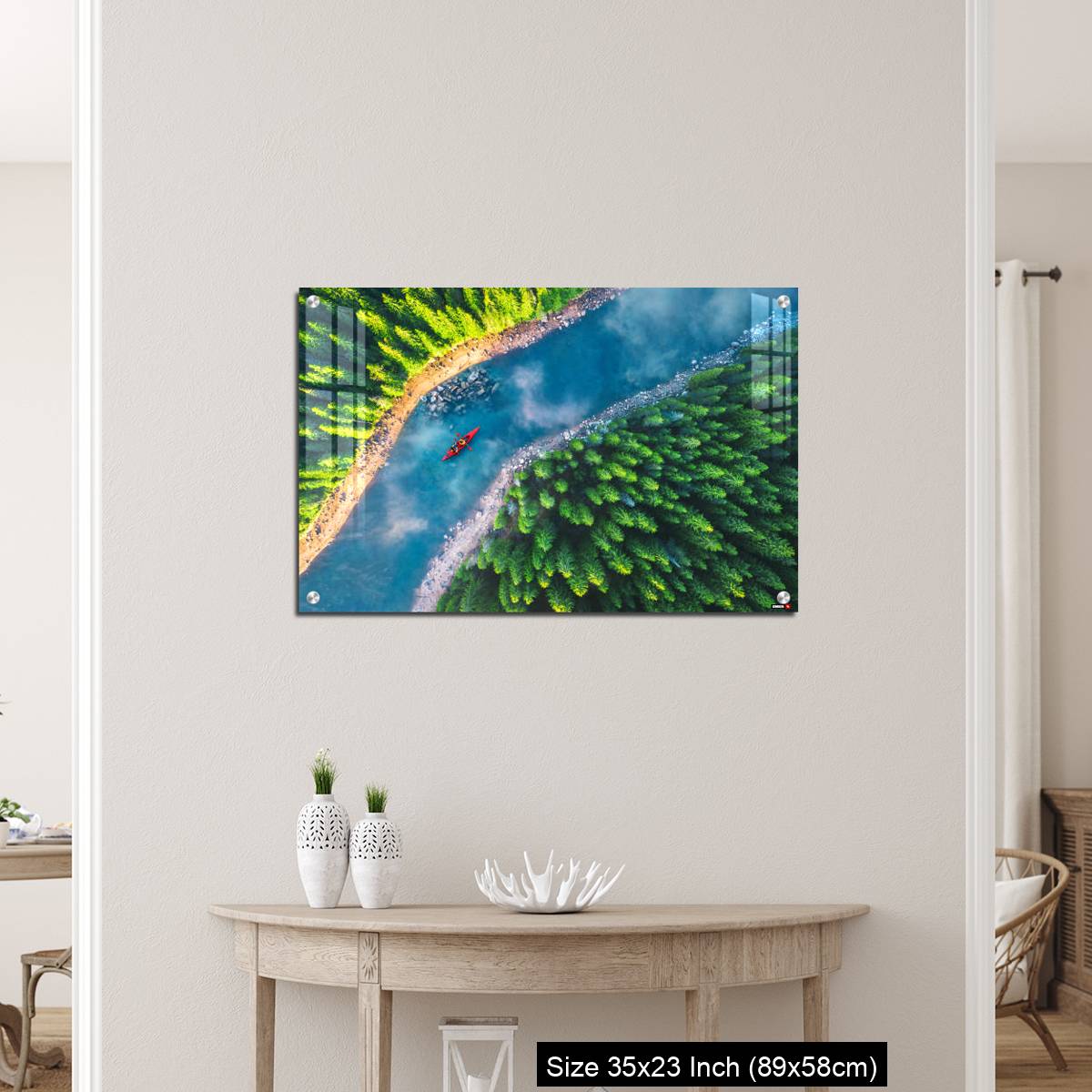 OMGs Acrylic Wall Decor – Aerial view of rafting boat or canoe in mountain river and forest. - Image 12