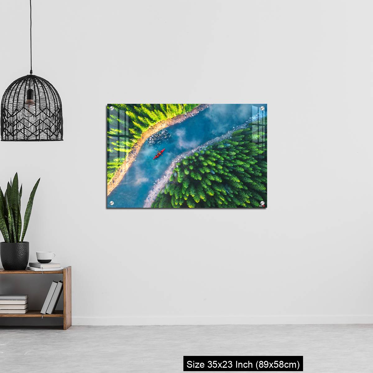 OMGs Acrylic Wall Decor – Aerial view of rafting boat or canoe in mountain river and forest. - Image 13