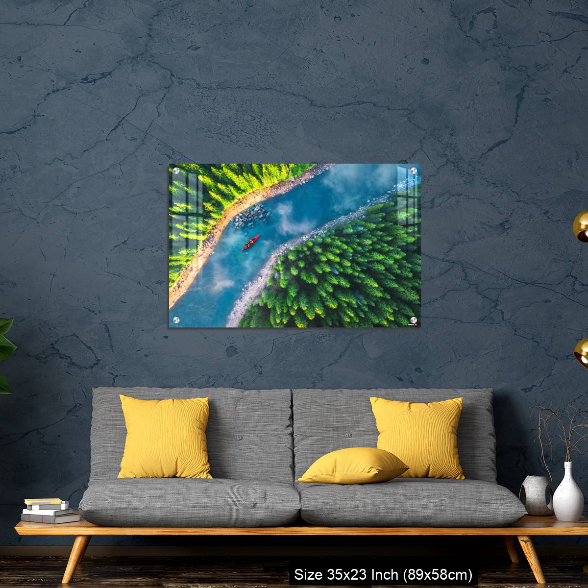 OMGs Acrylic Wall Decor – Aerial view of rafting boat or canoe in mountain river and forest. - Image 14