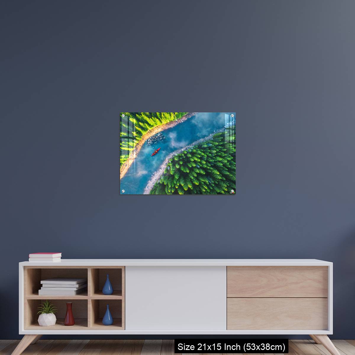 OMGs Acrylic Wall Decor – Aerial view of rafting boat or canoe in mountain river and forest. - Image 15