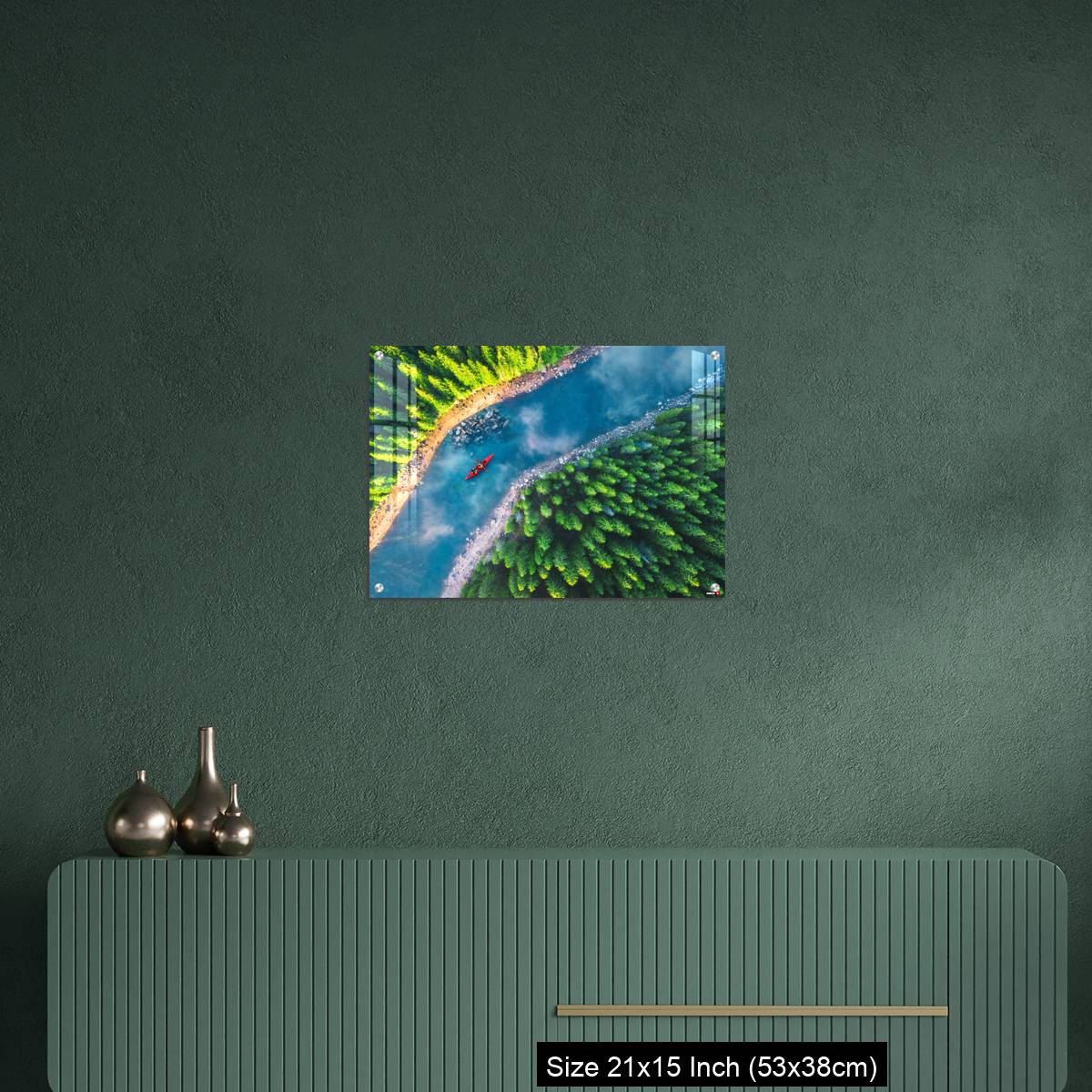 OMGs Acrylic Wall Decor – Aerial view of rafting boat or canoe in mountain river and forest. - Image 16