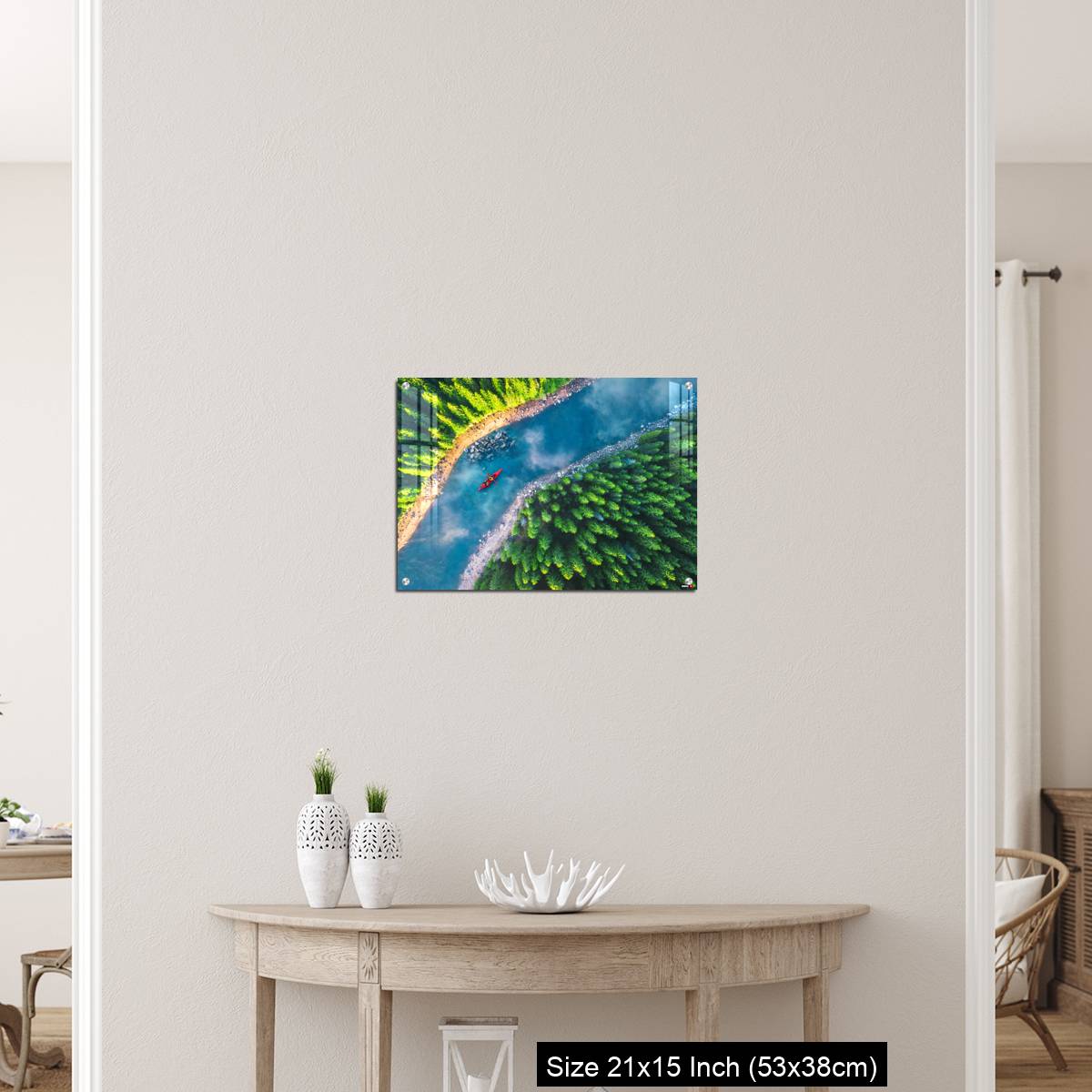 OMGs Acrylic Wall Decor – Aerial view of rafting boat or canoe in mountain river and forest. - Image 19