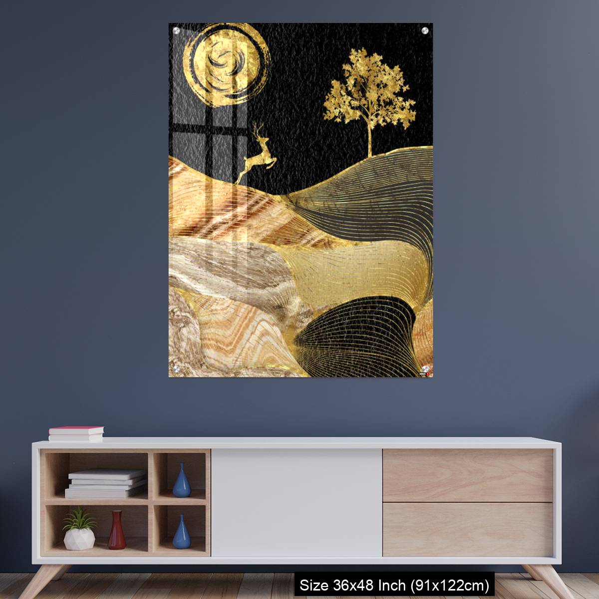 OMGs Acrylic Wall Decor – Canvas wall art decor. black and golden background with Ginko leaves and deer.