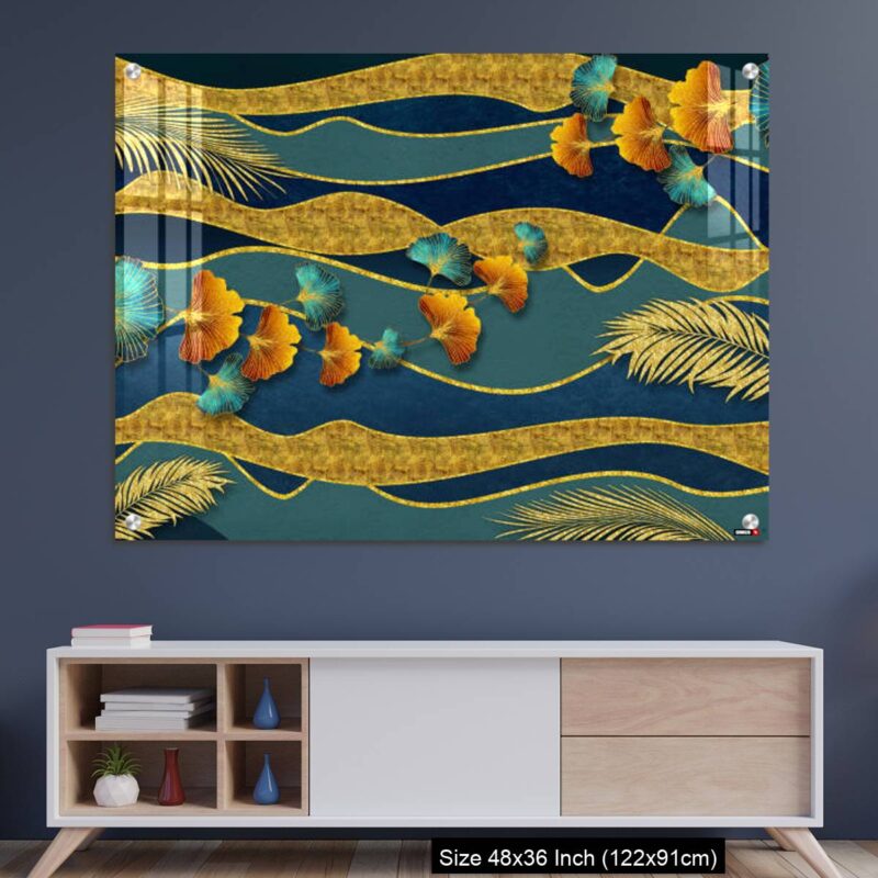 OMGs Acrylic Wall Decor – Golden and turquoise ginkgo leaves in modern dark background.