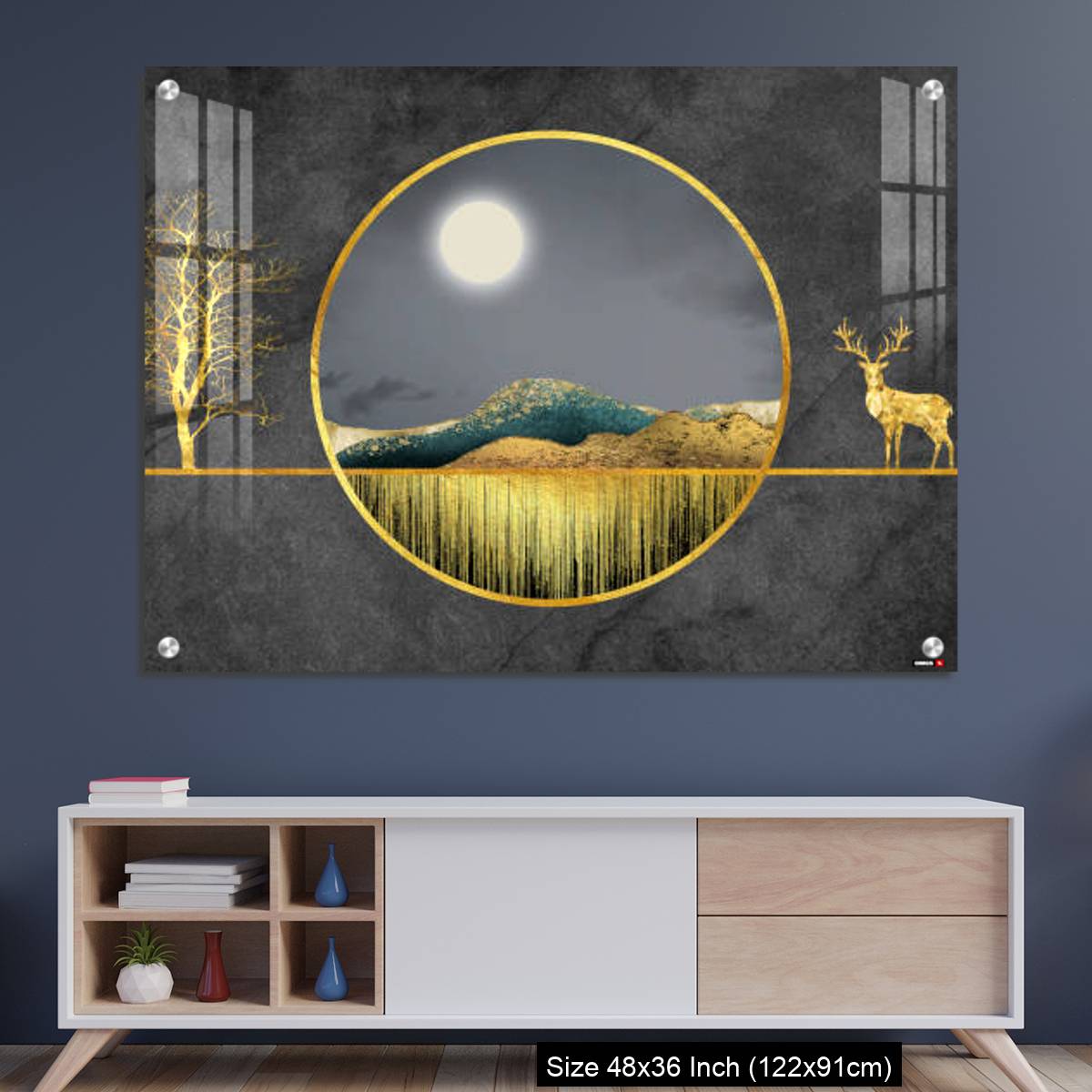 OMGs Acrylic Wall Decor – Colorful mountains, golden deer, golden trees, and golden lines.