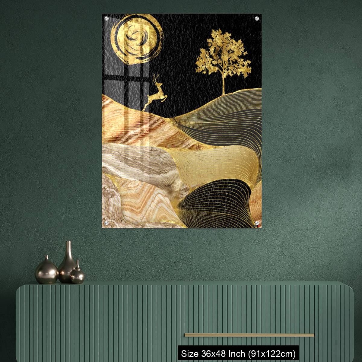 OMGs Acrylic Wall Decor – Canvas wall art decor. black and golden background with Ginko leaves and deer. - Image 2