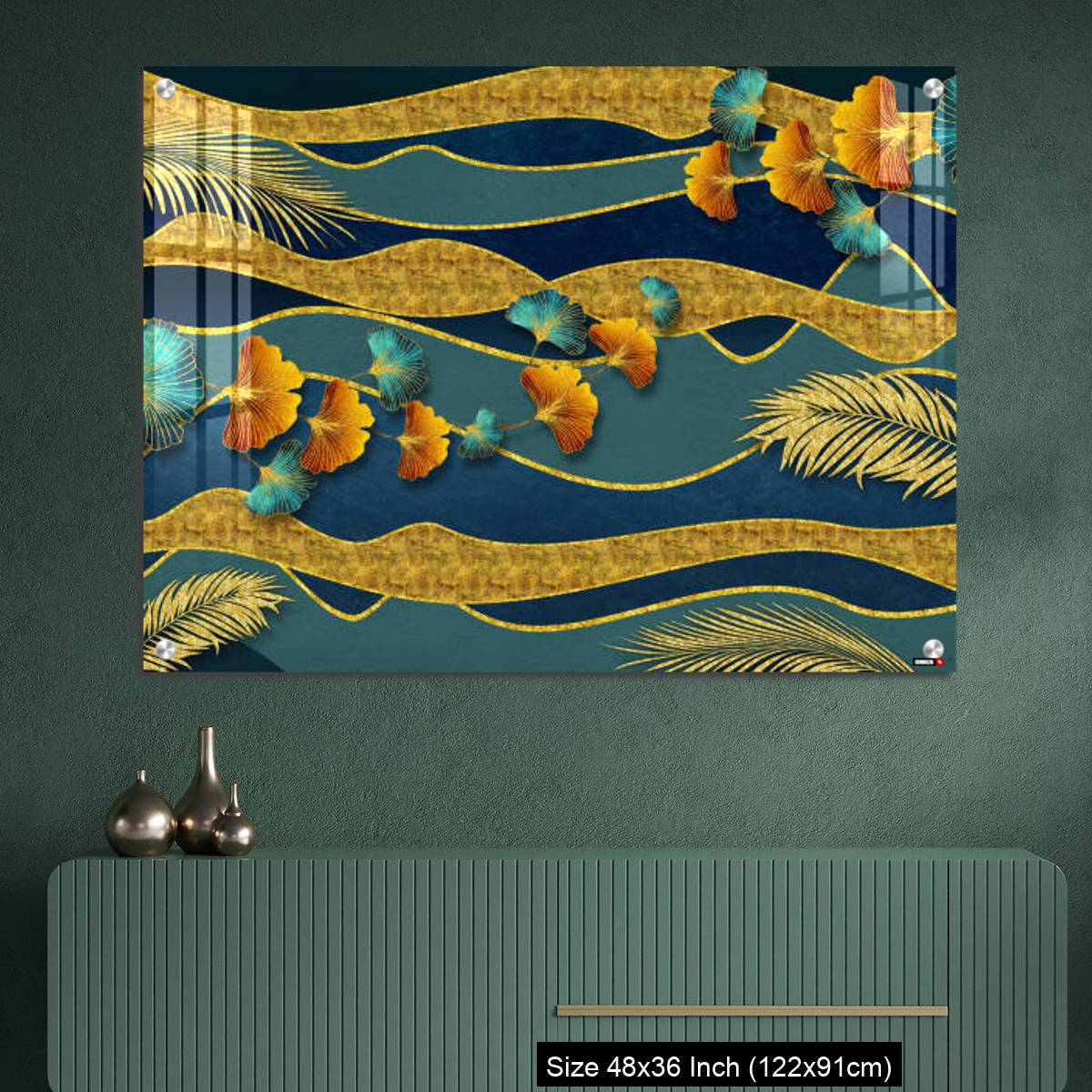 OMGs Acrylic Wall Decor – Golden and turquoise ginkgo leaves in modern dark background. - Image 2