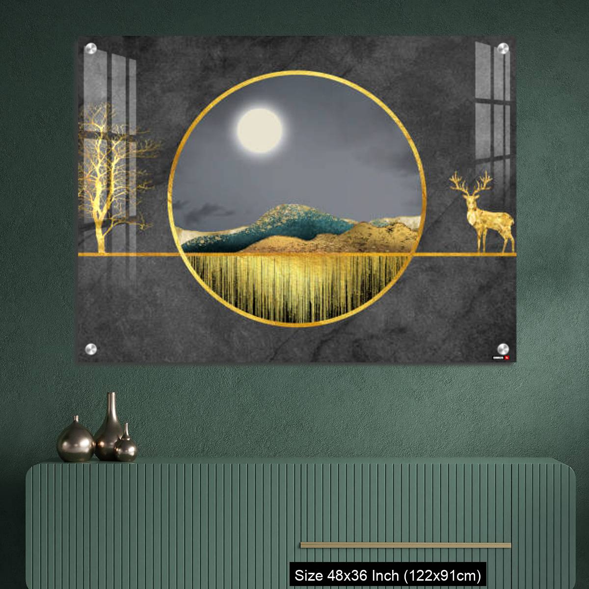 OMGs Acrylic Wall Decor – Colorful mountains, golden deer, golden trees, and golden lines. - Image 2