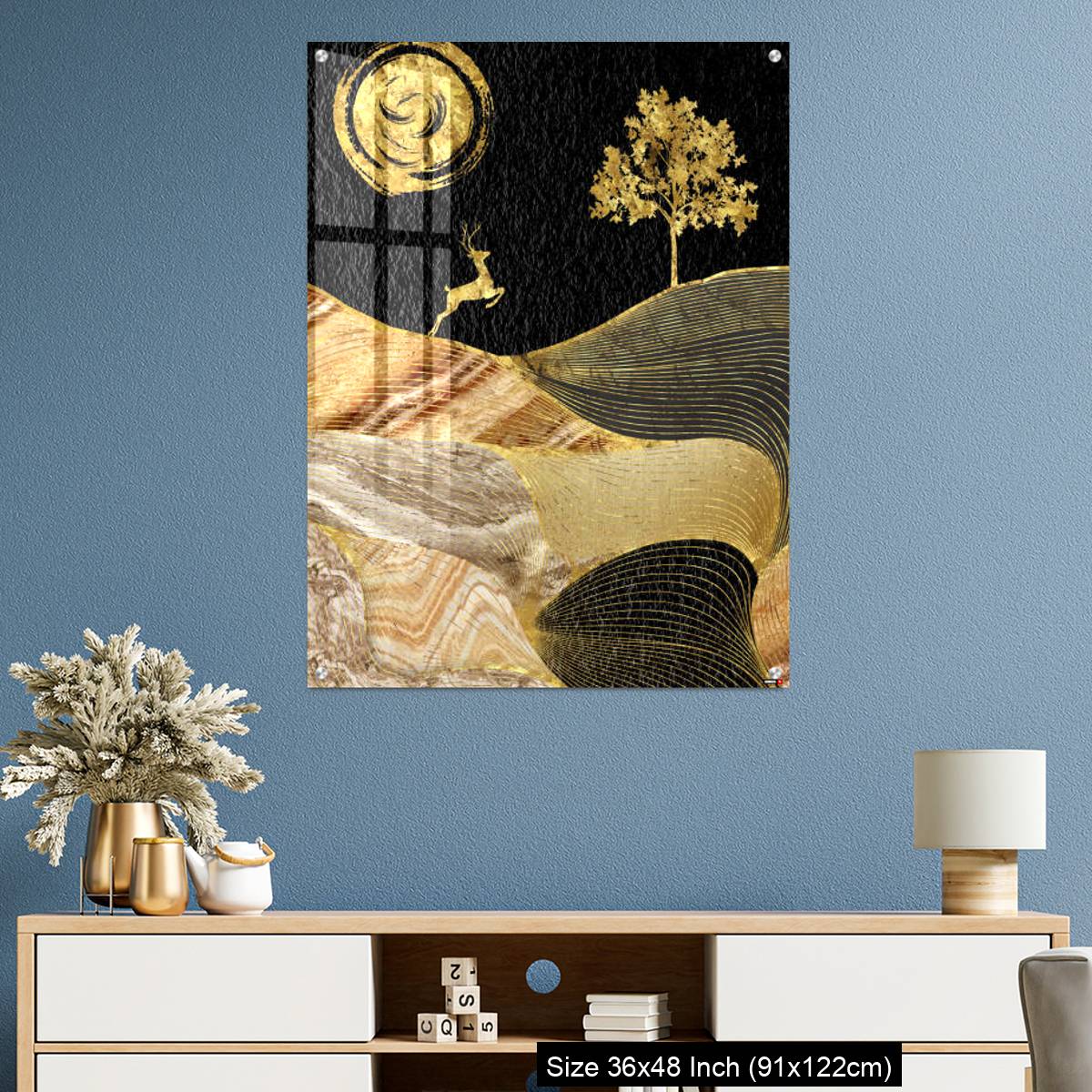 OMGs Acrylic Wall Decor – Canvas wall art decor. black and golden background with Ginko leaves and deer. - Image 3
