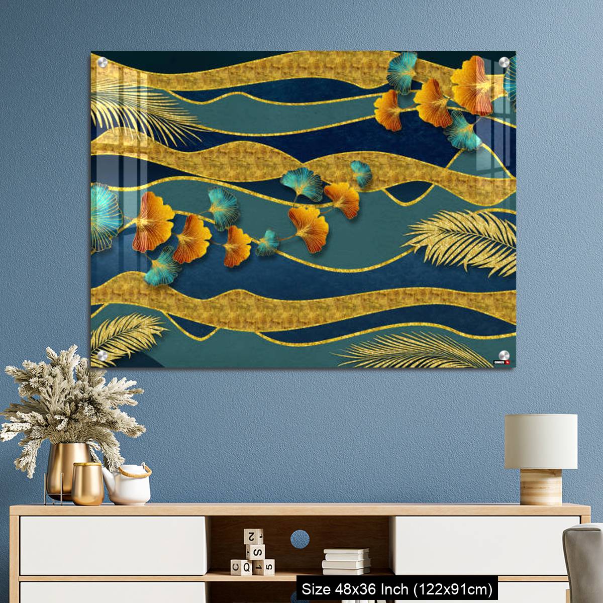 OMGs Acrylic Wall Decor – Golden and turquoise ginkgo leaves in modern dark background. - Image 3