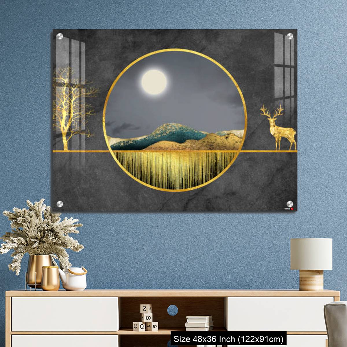 OMGs Acrylic Wall Decor – Colorful mountains, golden deer, golden trees, and golden lines. - Image 3